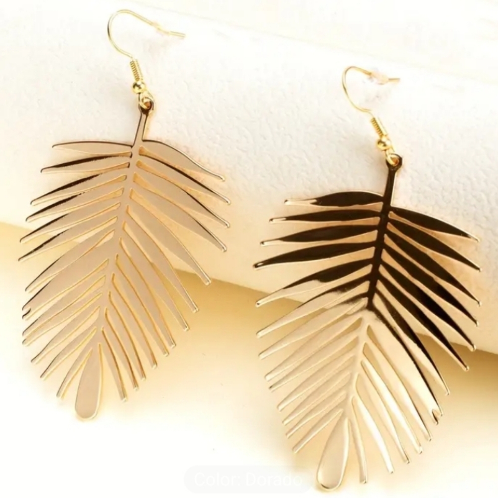 New! Statement Gold Plated Leaf Dangle Hook Earri… - image 2